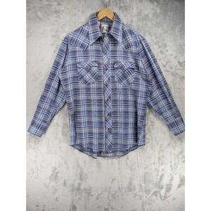 Vintage Karman Western Pearl Snap Shirt Mens Blue Plaid 16 33 Made In the USA